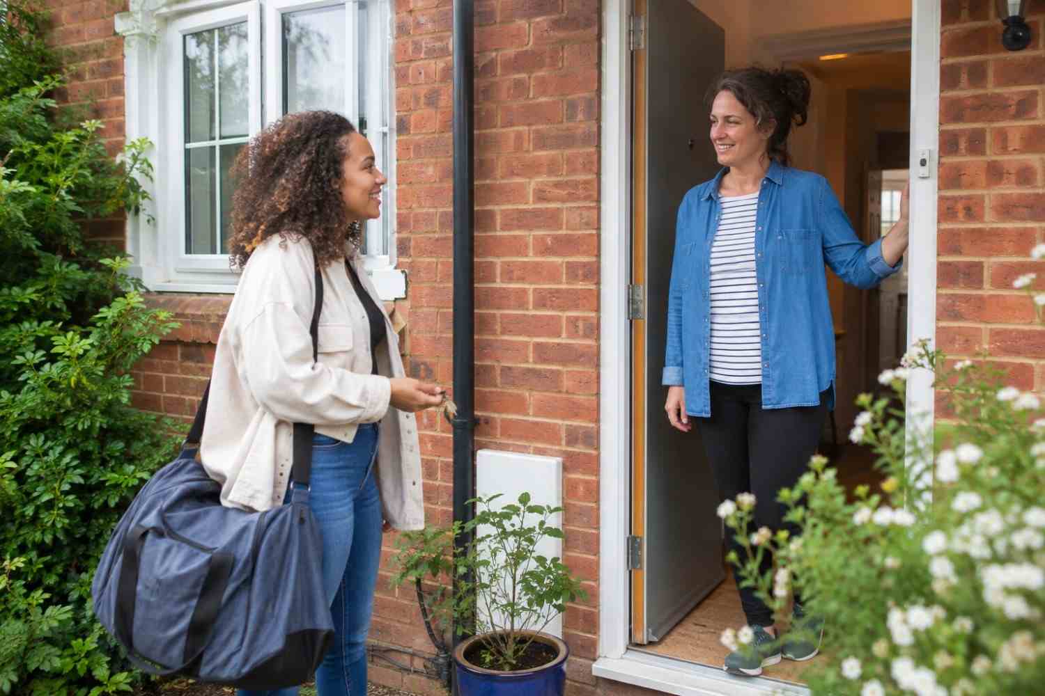 Two women greeting at door